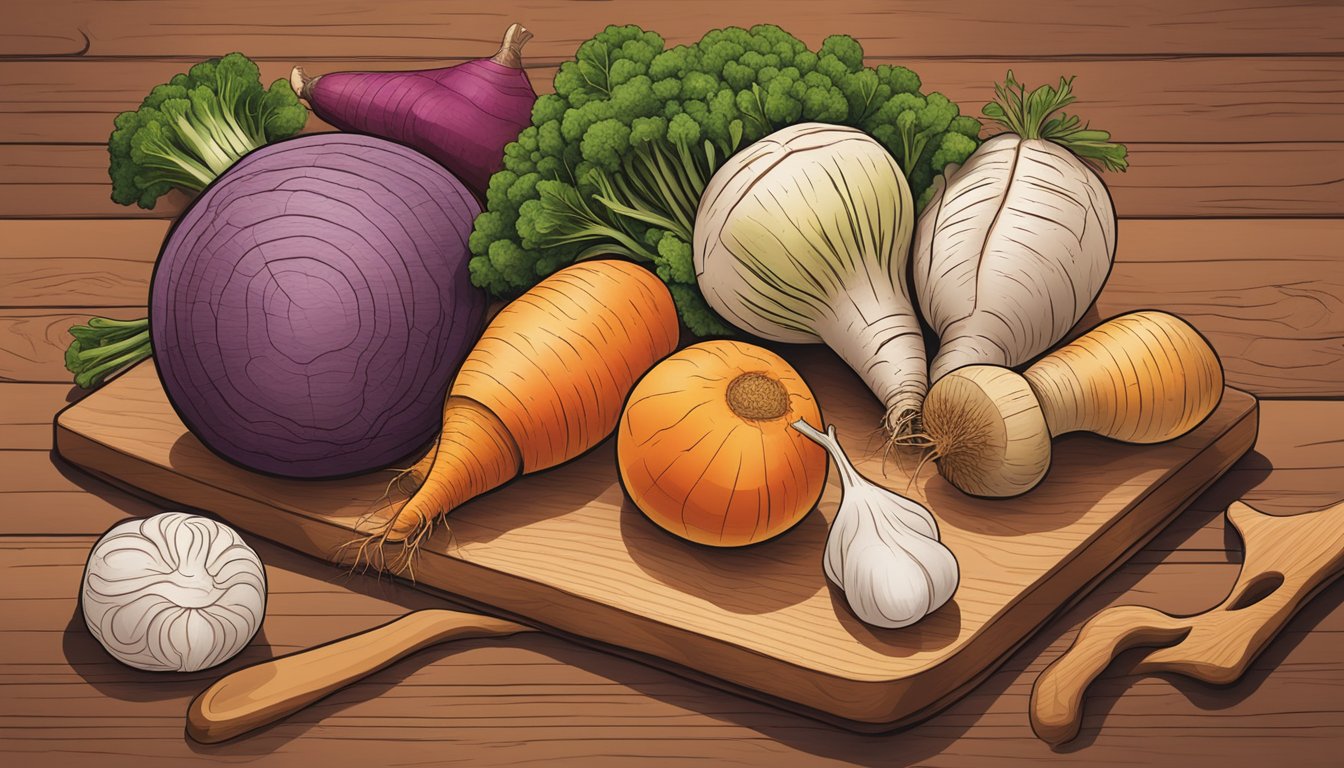 A group of assorted root vegetables arranged on a wooden cutting board, with a focus on the maca root