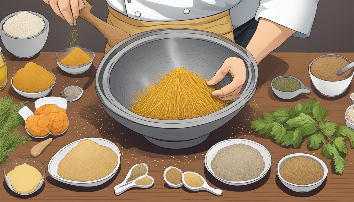 A chef grating maca root into a bowl, surrounded by various culinary tools and ingredients