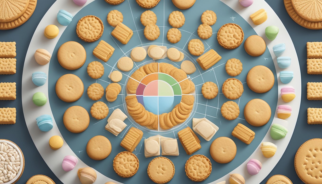 A variety of biscuits arranged in a circular pattern, with a glycemic index chart displayed in the background