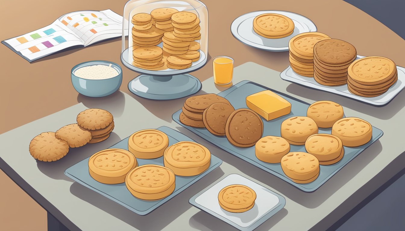 A variety of biscuits arranged on a table, with a chart showing their respective glycemic index values displayed next to each type