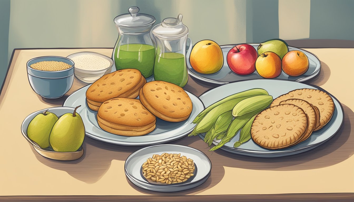 A table with a variety of low-glycemic index foods like fruits, vegetables, and whole grains, next to a plate of traditional biscuits