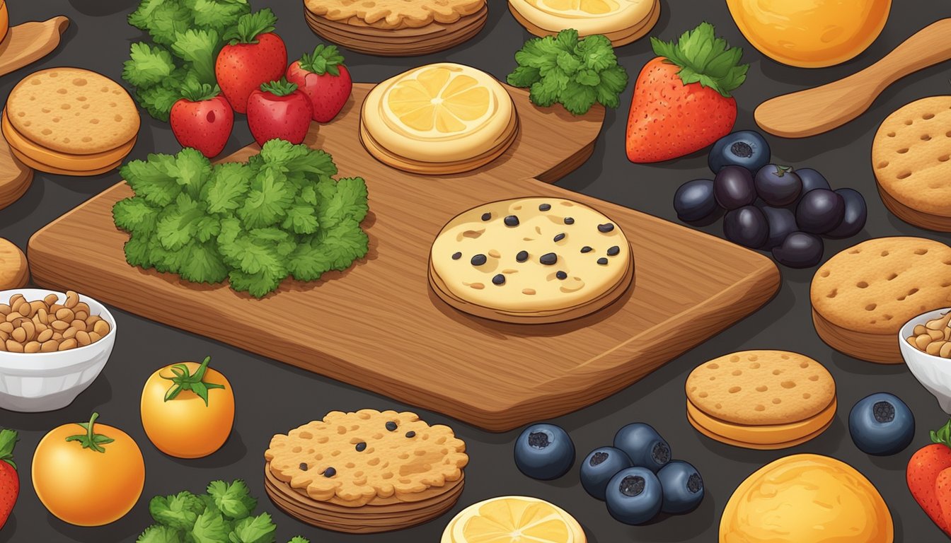 A variety of biscuits arranged alongside fresh fruits, vegetables, and lean proteins on a wooden cutting board