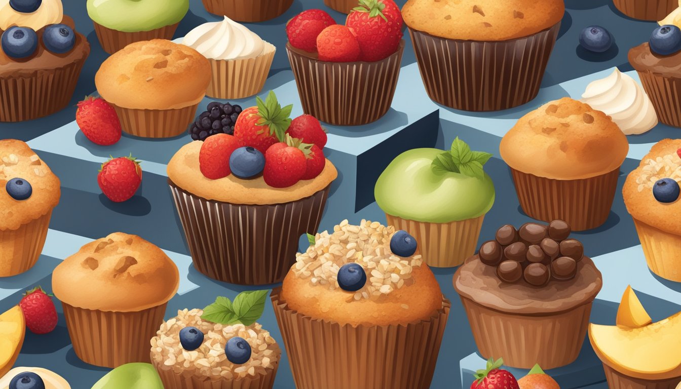 A table displaying a variety of muffins, some with whole grains and fruits, others with added sugars and processed ingredients