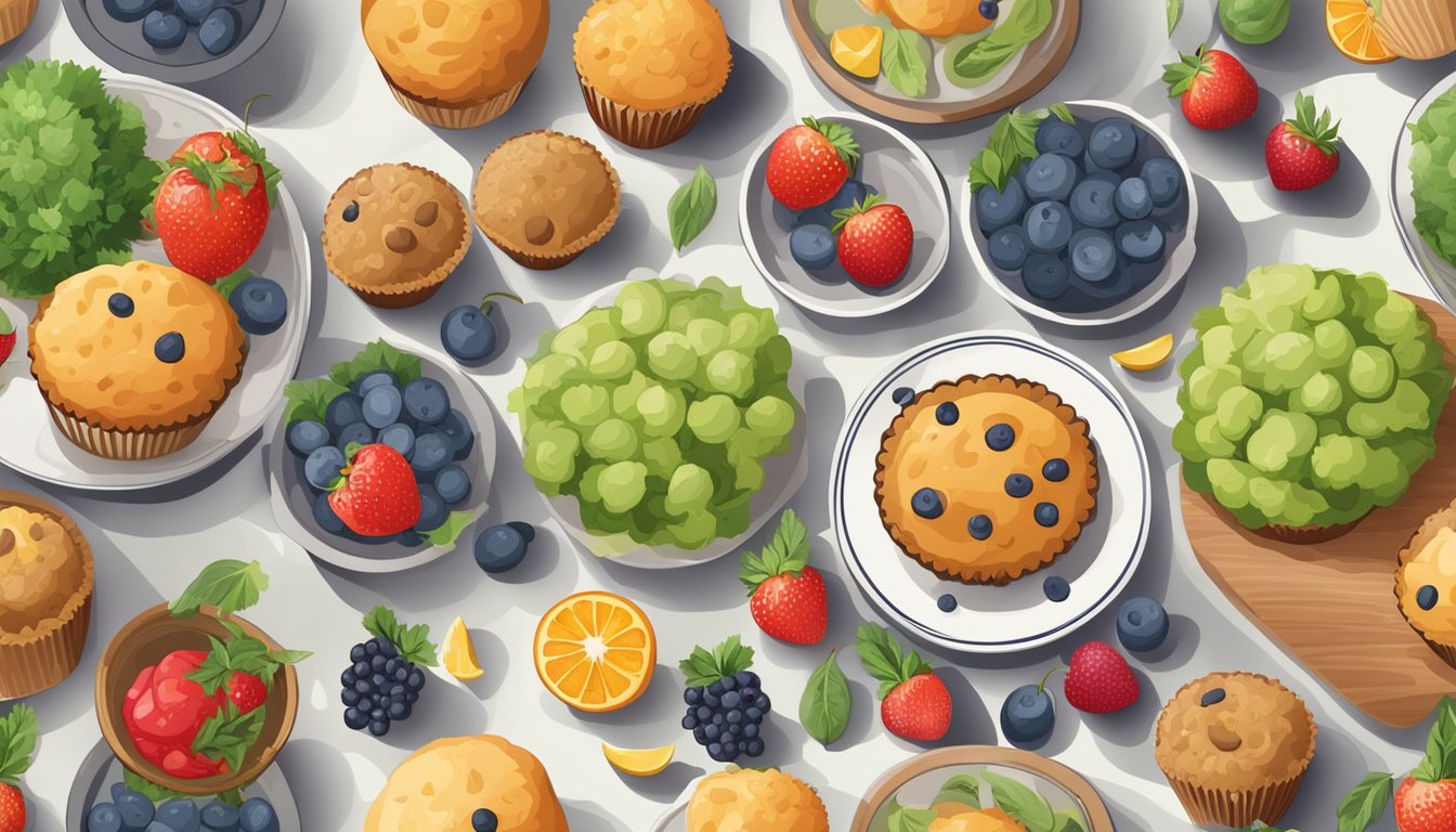 A plate of assorted muffins surrounded by fruits and vegetables on a kitchen table