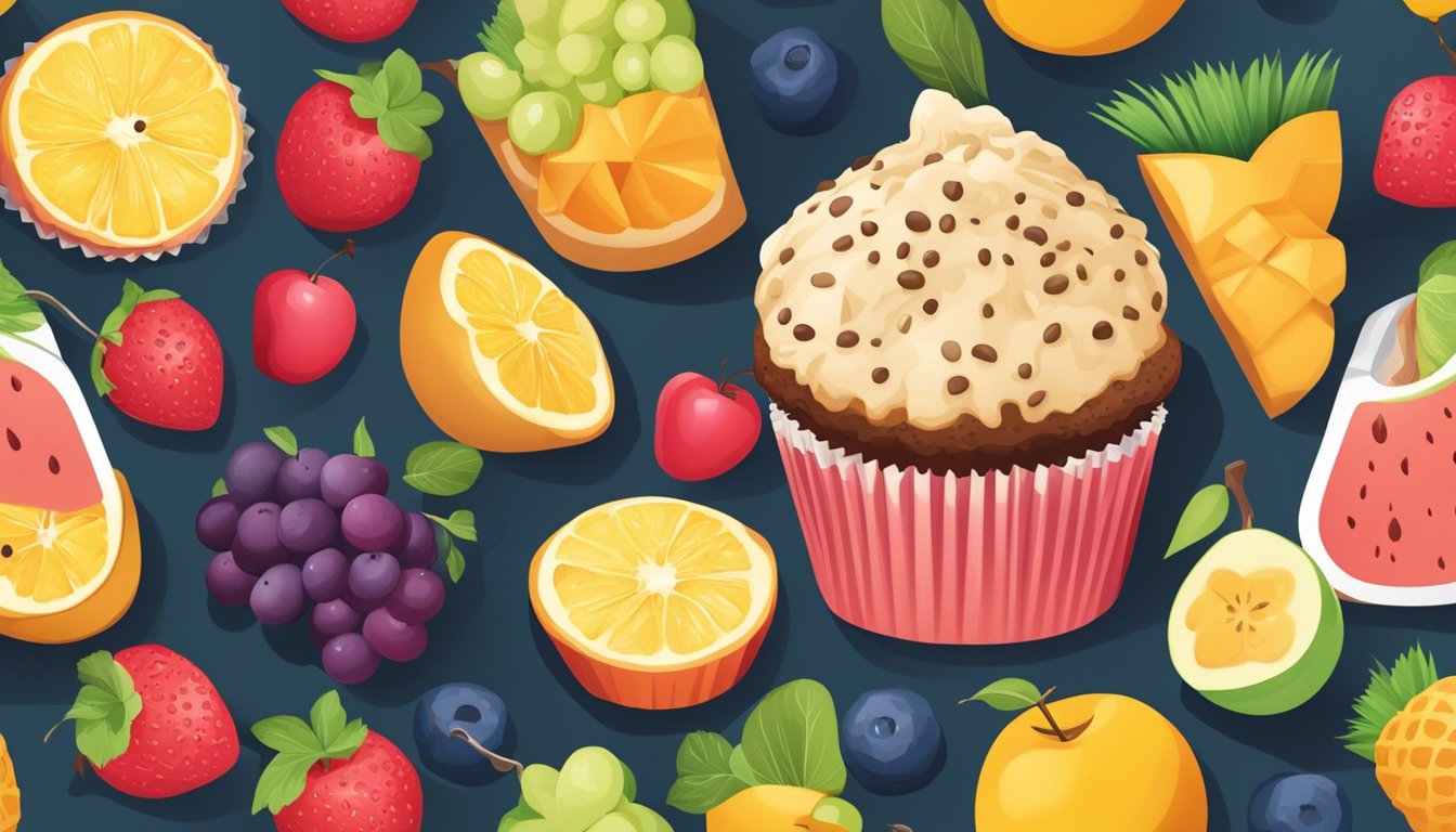 A muffin surrounded by a variety of fruits and a measuring tool for glycemic index