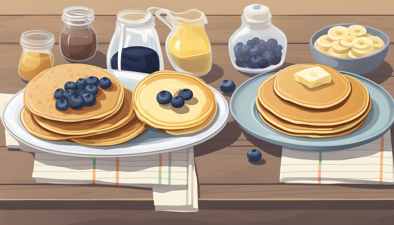 A variety of pancakes arranged on a table, including buttermilk, blueberry, and banana, with a chart showing their respective glycemic index values