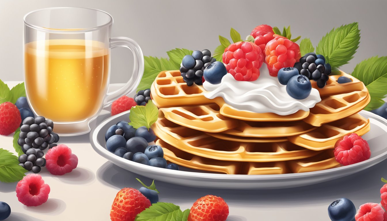 A stack of golden waffles surrounded by fresh berries and a dollop of whipped cream