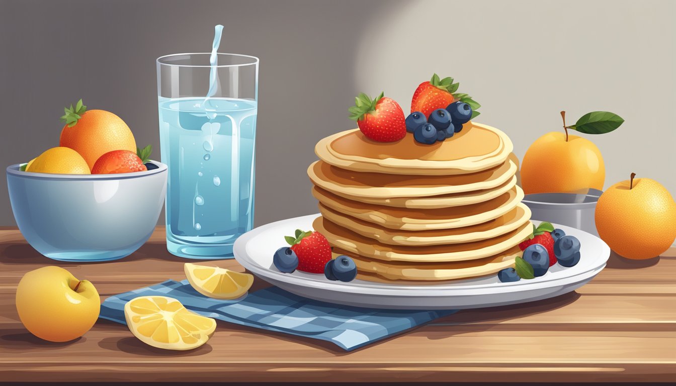 A stack of pancakes surrounded by various fruits and a glass of water on a table