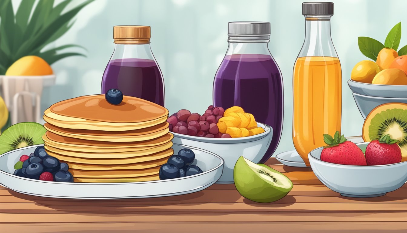 A stack of colorful pancakes made with alternative ingredients, surrounded by various fruits and syrups, with a glycemic index chart in the background