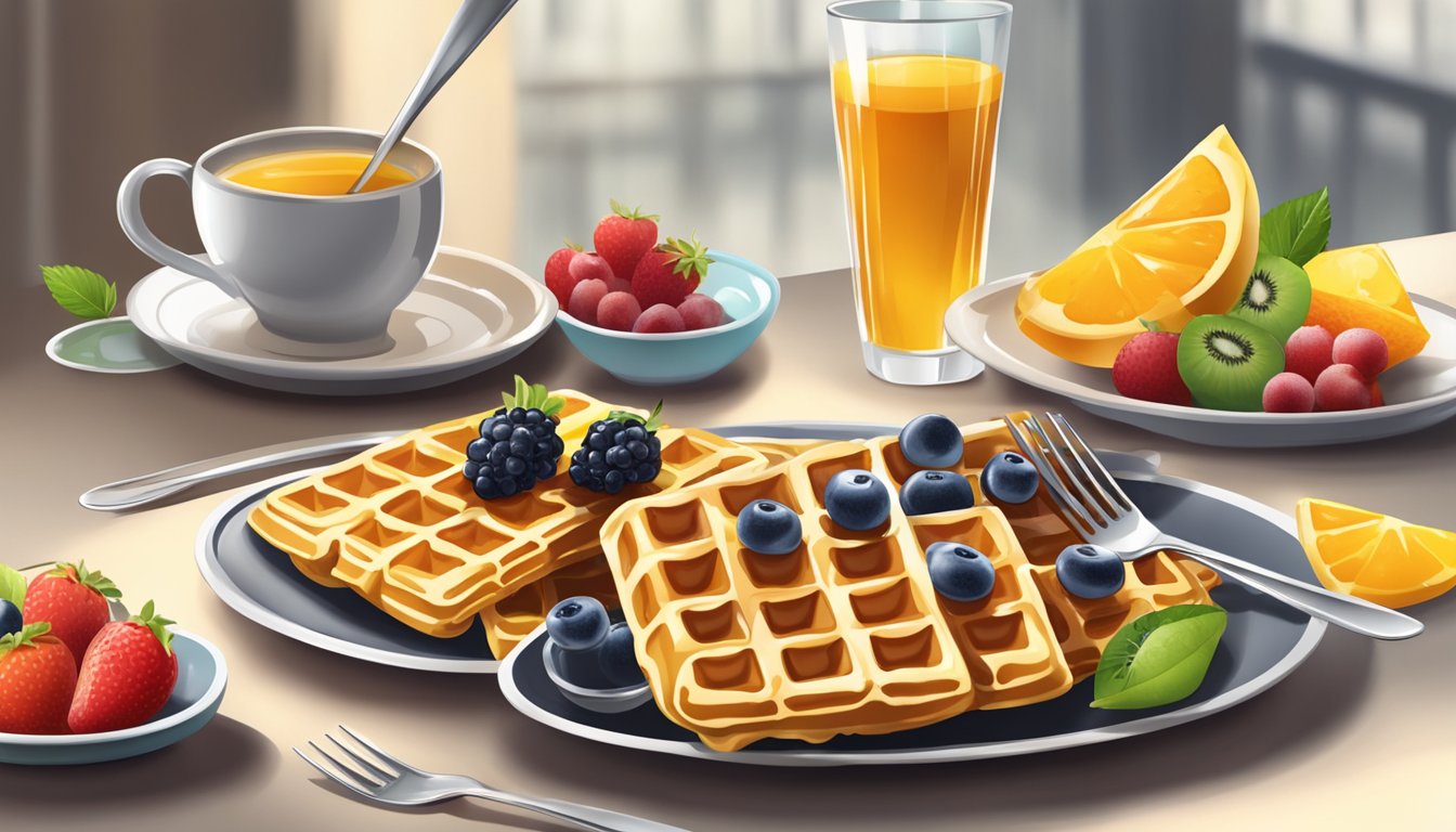 A plate of golden waffles topped with fresh fruit and drizzled with syrup is being served on a table set with a stack of plates and utensils