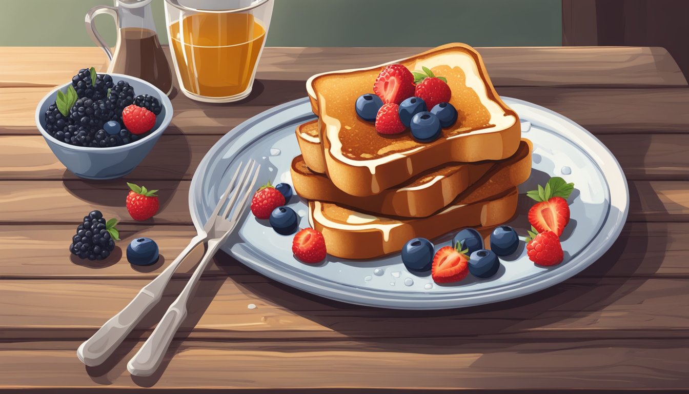 A plate of French toast with a side of fresh berries and a drizzle of syrup, set against a rustic wooden table