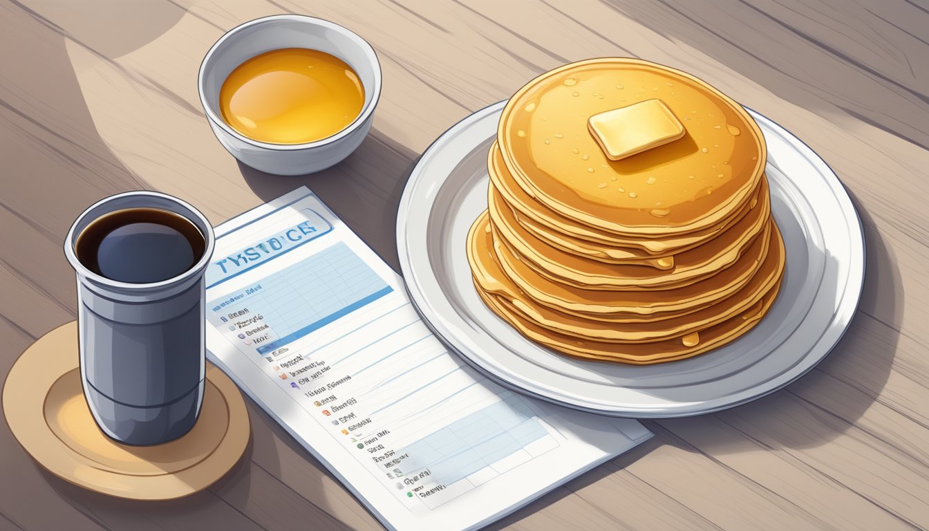 A stack of golden pancakes with a side of syrup and a glycemic index chart in the background