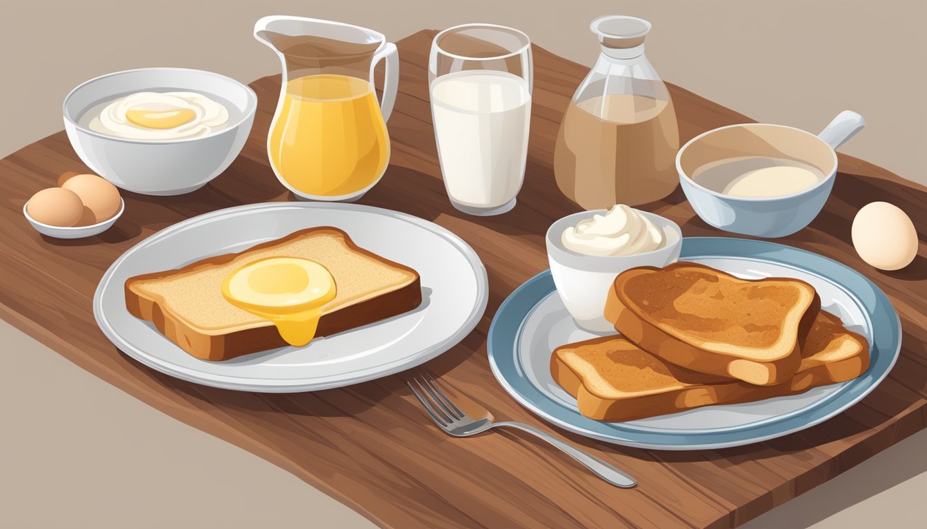 A table with ingredients like bread, eggs, milk, and cinnamon, alongside a plate of French toast with a fork on the side