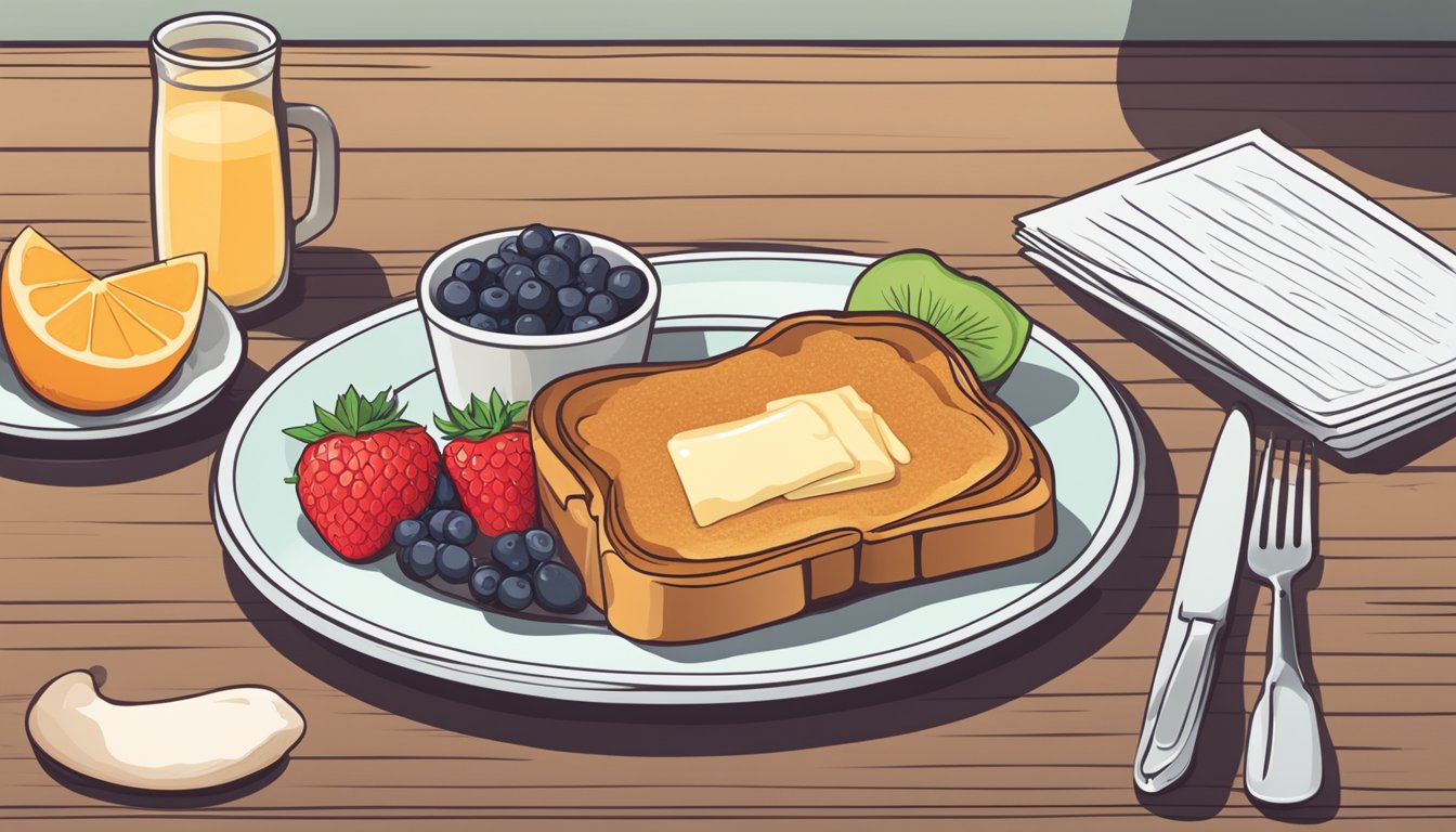 A plate of French toast with a side of fresh fruit, accompanied by a small card listing its glycemic index