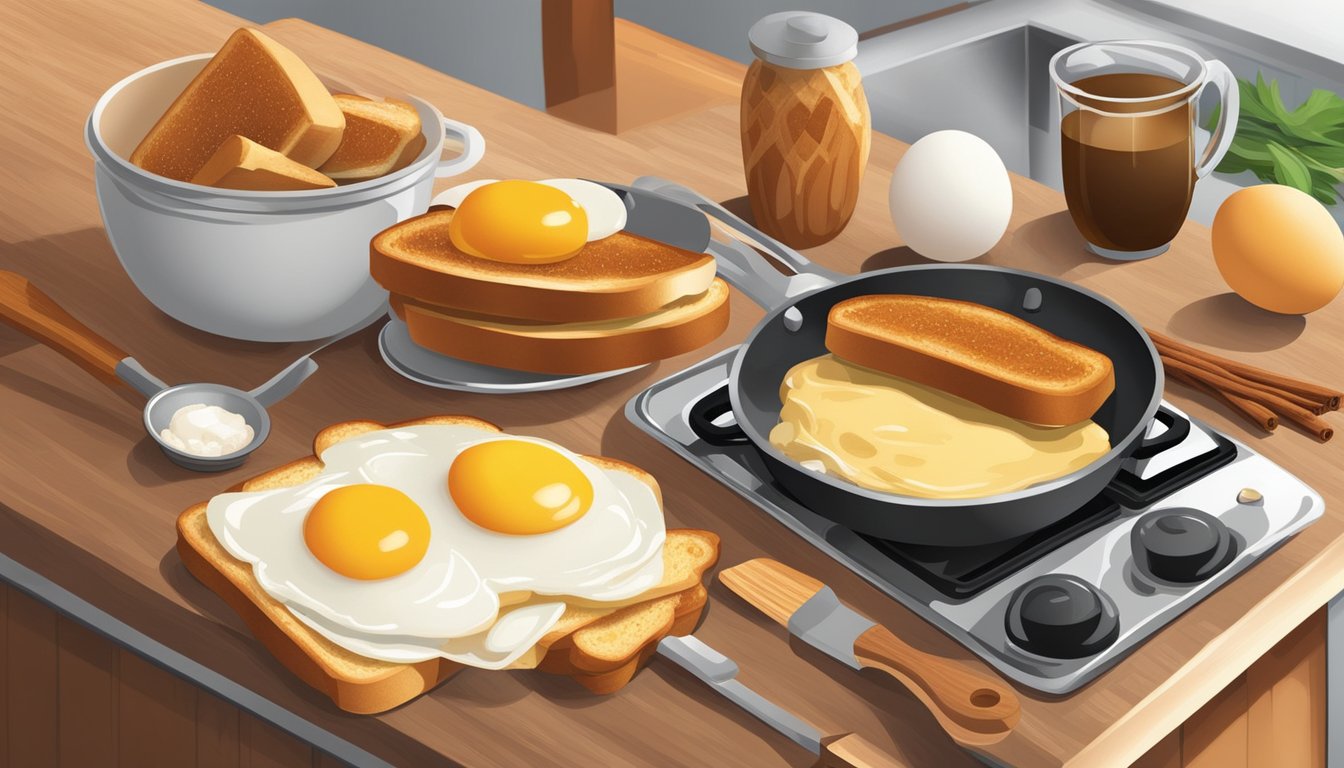 A kitchen counter with ingredients (eggs, bread, cinnamon) and a frying pan with French toast cooking