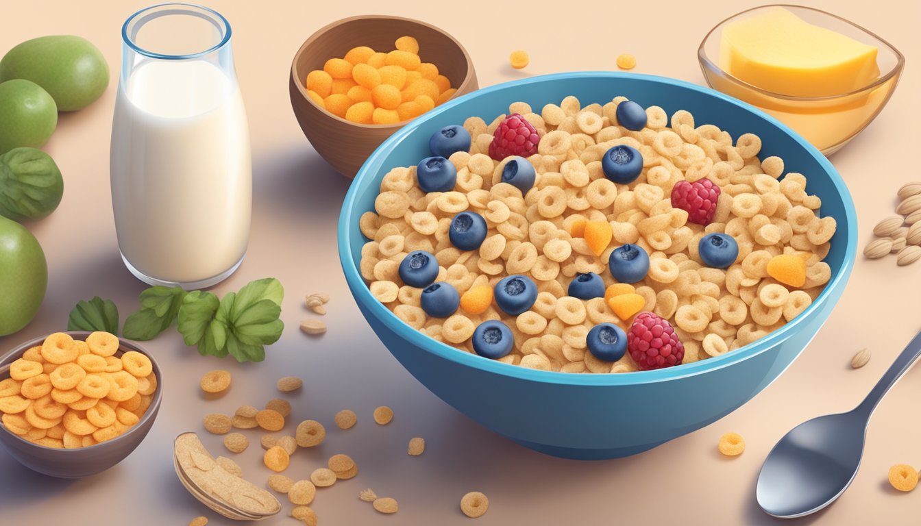 A bowl of cereal with specific brands, surrounded by various ingredients like oats, fruit, and milk, with a glycemic index chart in the background