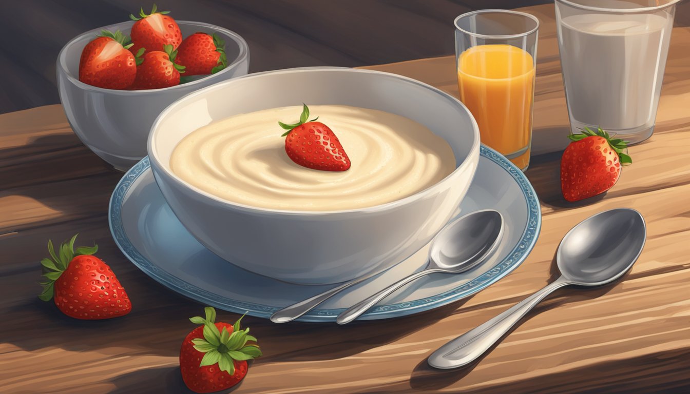 A bowl of Cream of Wheat sits on a rustic wooden table, surrounded by fresh strawberries, a glass of orange juice, and a spoon