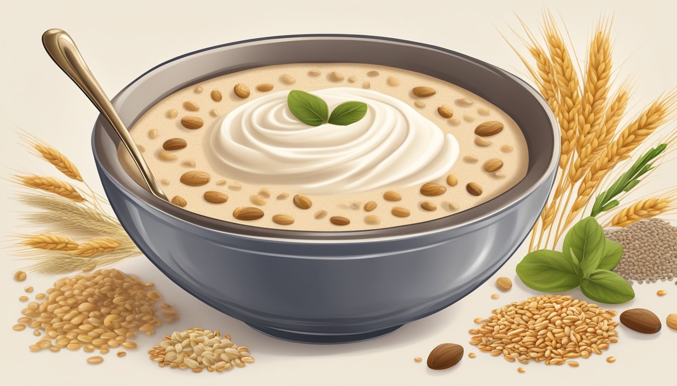 A bowl of cream of wheat surrounded by various types of grains and ingredients, with a spoon resting on the side