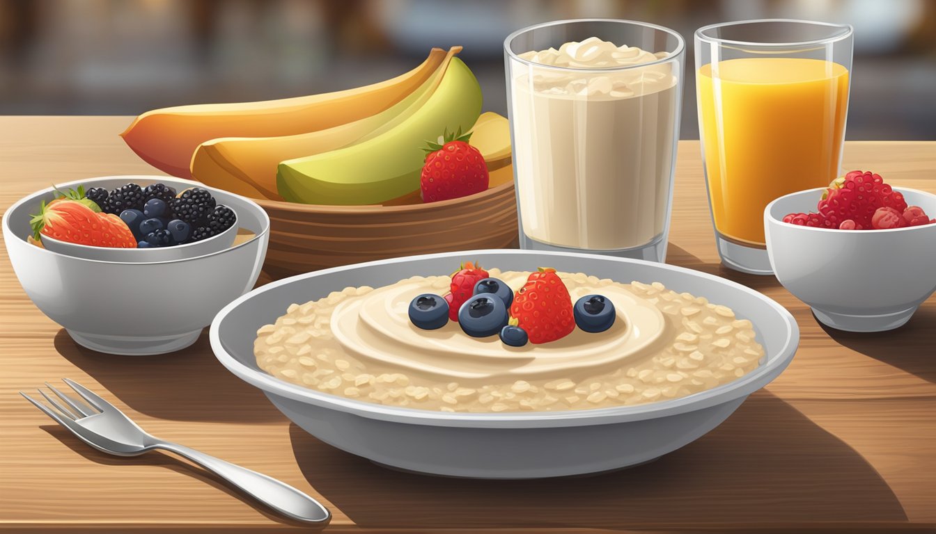 A bowl of Cream of Wheat sits next to a spread of other breakfast options, such as oatmeal, cereal, and fruit, on a wooden table