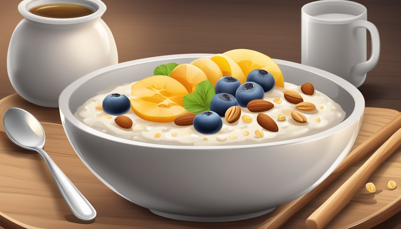 A bowl of creamy porridge with various toppings like fruit, nuts, and honey, displayed on a wooden table