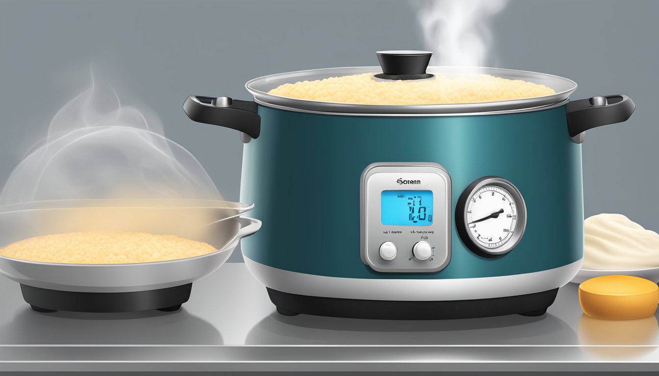 A pot of cream of wheat cooking on a stovetop, with steam rising and a timer set for different cooking times