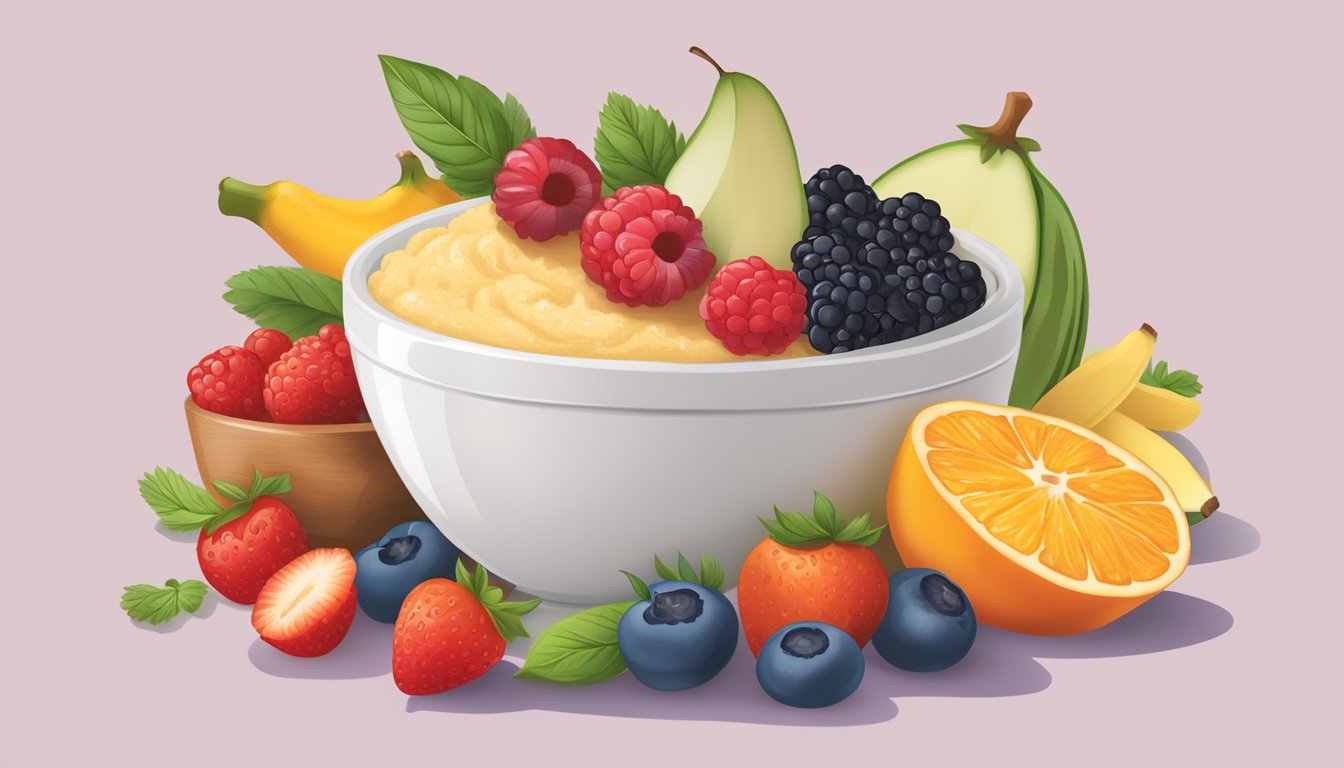 A bowl of creamy grits topped with fresh berries and a sprinkle of cinnamon, surrounded by a variety of low-glycemic index fruits and vegetables