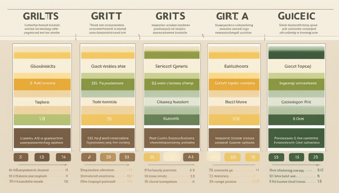 A table with various types of grits arranged in rows, each labeled with its respective glycemic index value