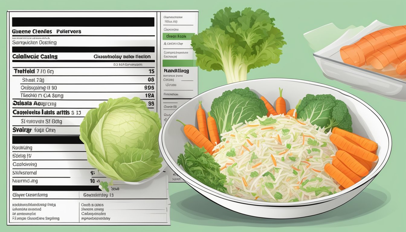 A bowl of coleslaw with cabbage, carrots, and dressing, surrounded by nutrition labels and glycemic index chart