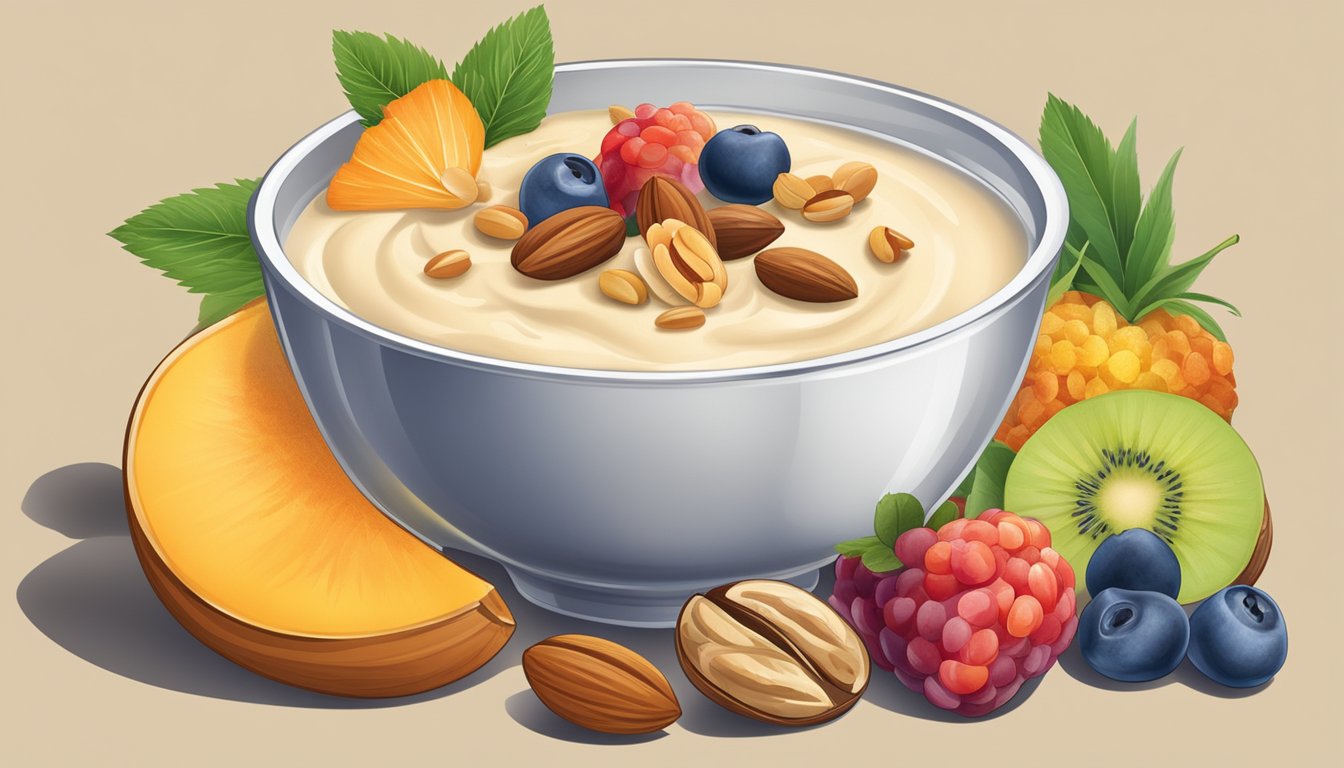 A bowl of cream of wheat surrounded by a variety of fruits and nuts, with a glass of water on the side