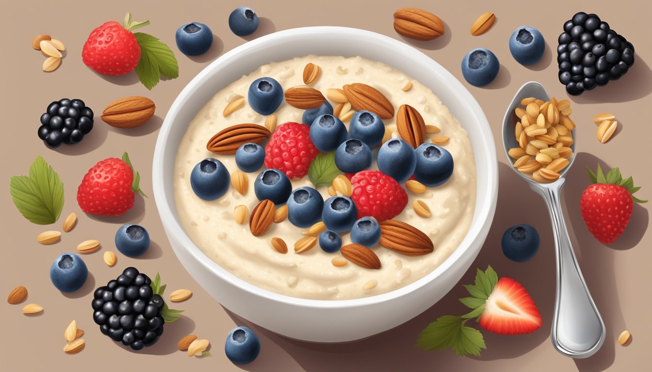 A bowl of creamy grits topped with fresh berries and nuts, surrounded by ingredients like oats, cinnamon, and yogurt