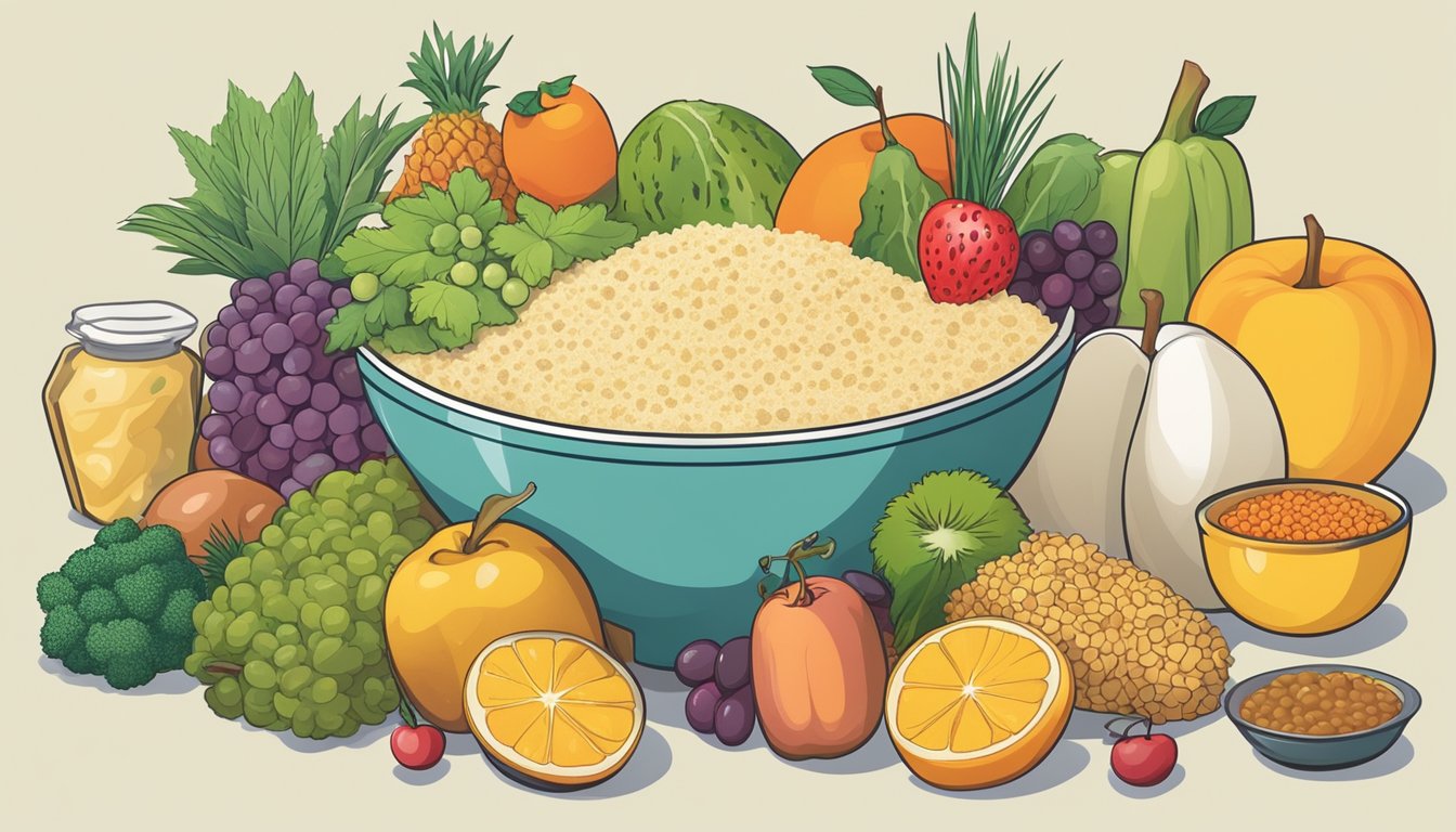 A bowl of grits surrounded by different types of food representing various diets, such as fruits, vegetables, and proteins