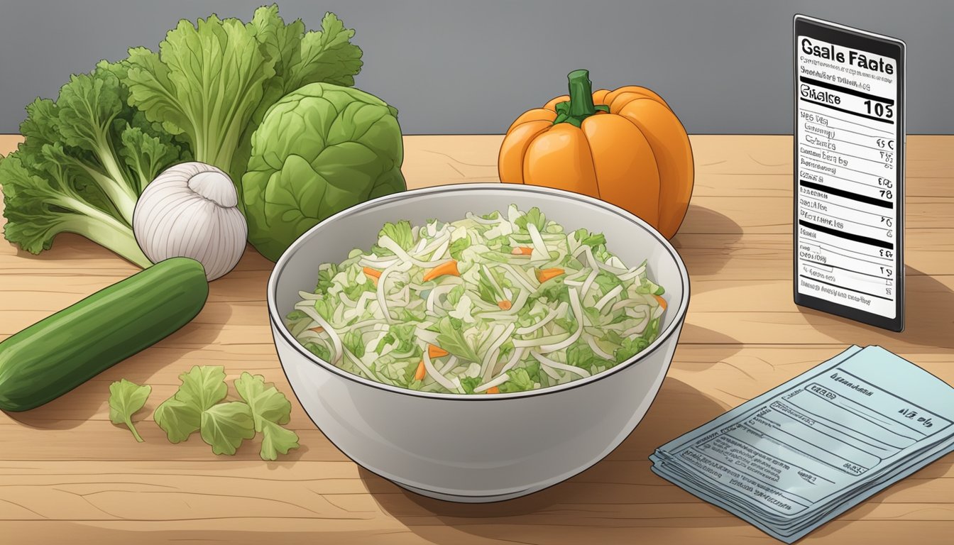 A bowl of coleslaw surrounded by fresh vegetables and a nutrition label, with a focus on the glycemic index value