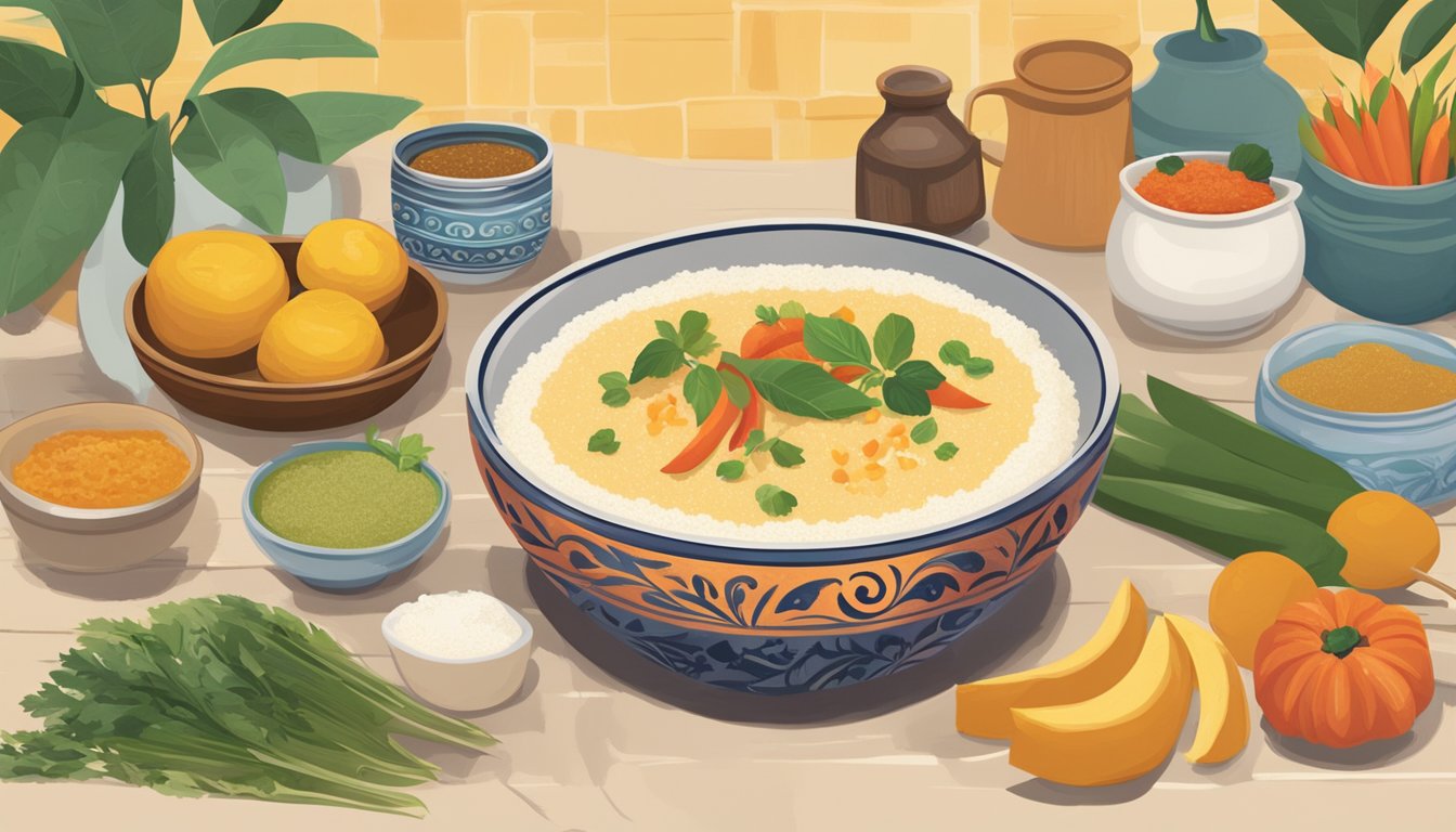 A steaming bowl of grits sits on a table, surrounded by colorful regional ingredients and cultural symbols