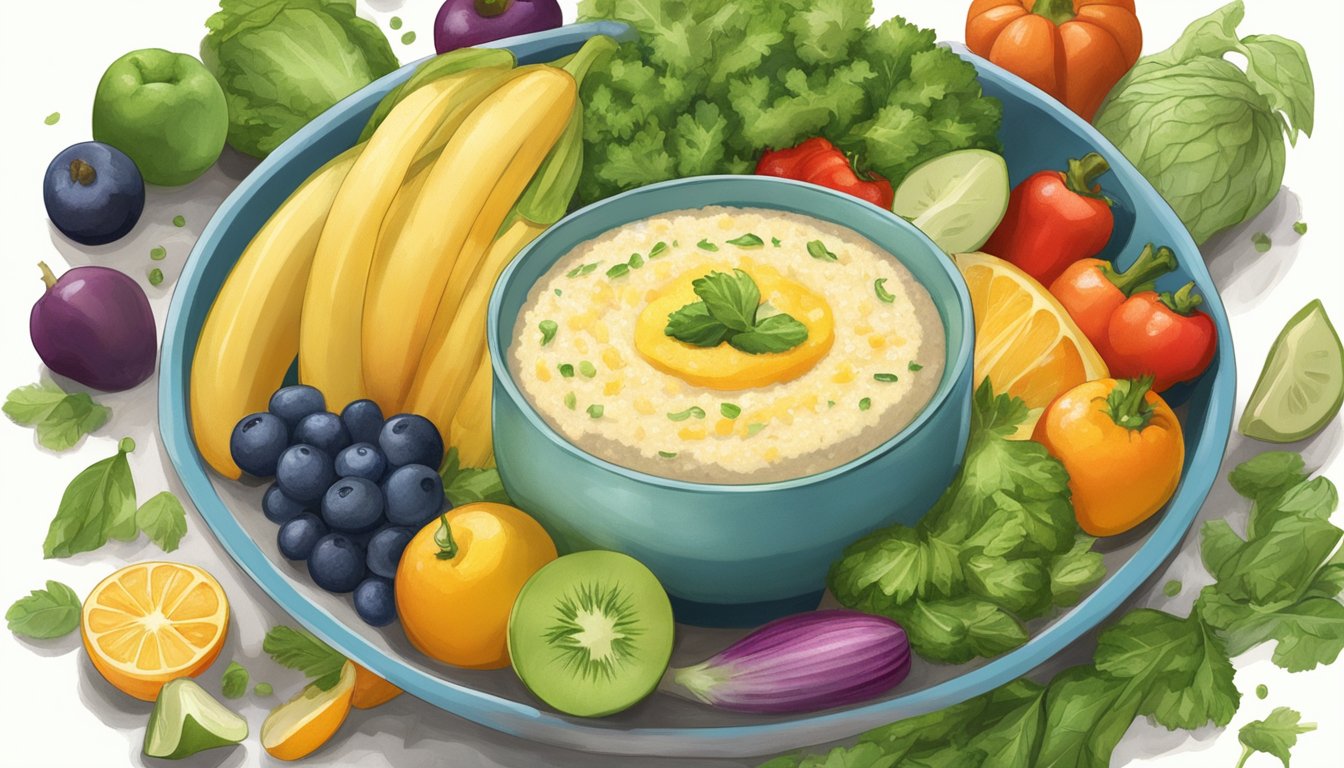 A bowl of cooked grits surrounded by fresh fruits and vegetables, with a measuring tape wrapped around it