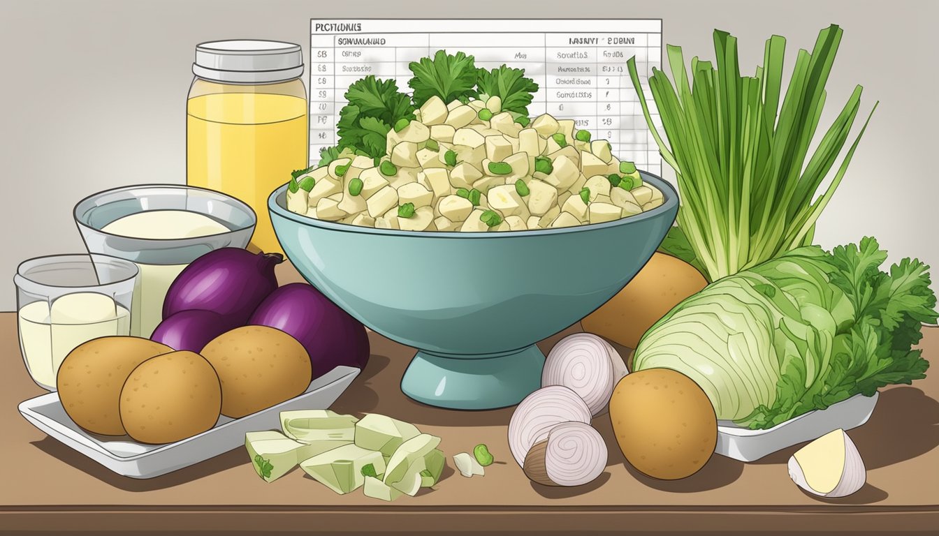 A bowl of potato salad surrounded by ingredients like potatoes, celery, onions, and mayonnaise, with a glycemic index chart in the background