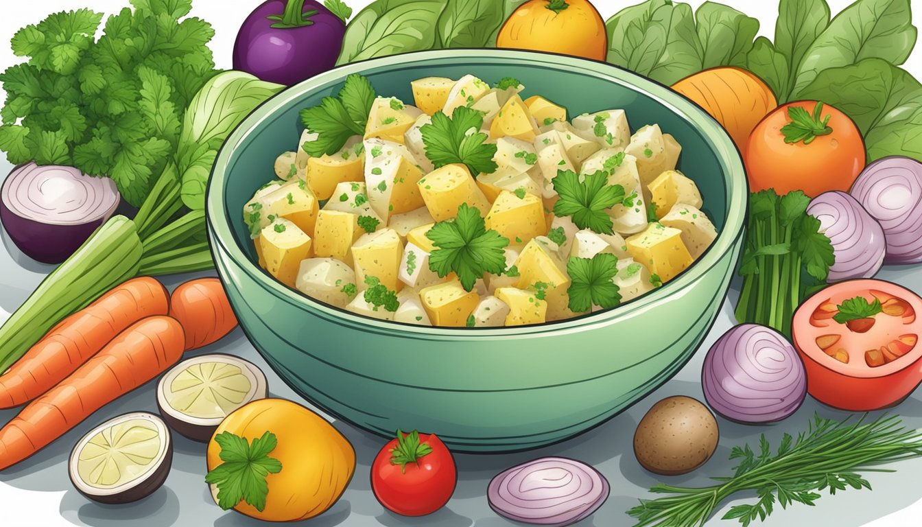 A colorful bowl of potato salad surrounded by fresh vegetables and a variety of herbs and spices