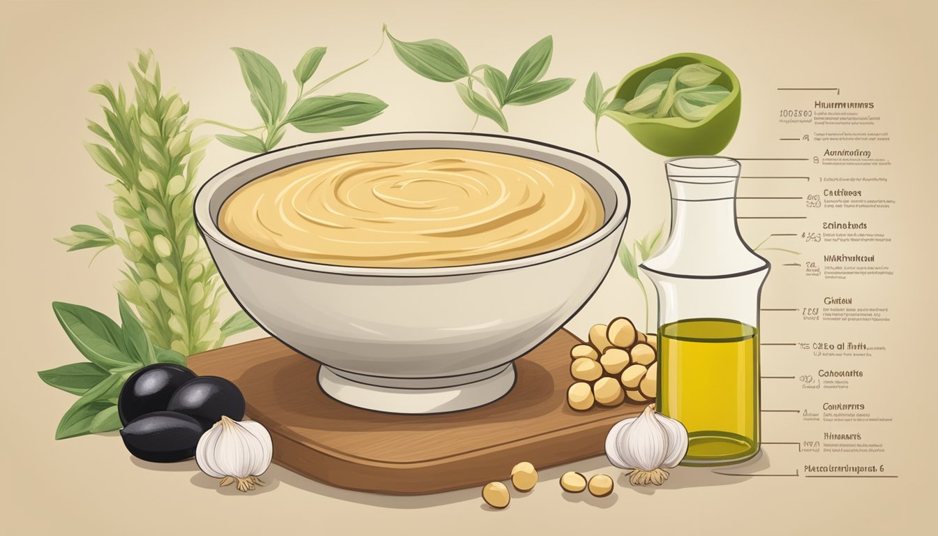 A bowl of hummus surrounded by ingredients like chickpeas, tahini, olive oil, and garlic. A glycemic index chart in the background