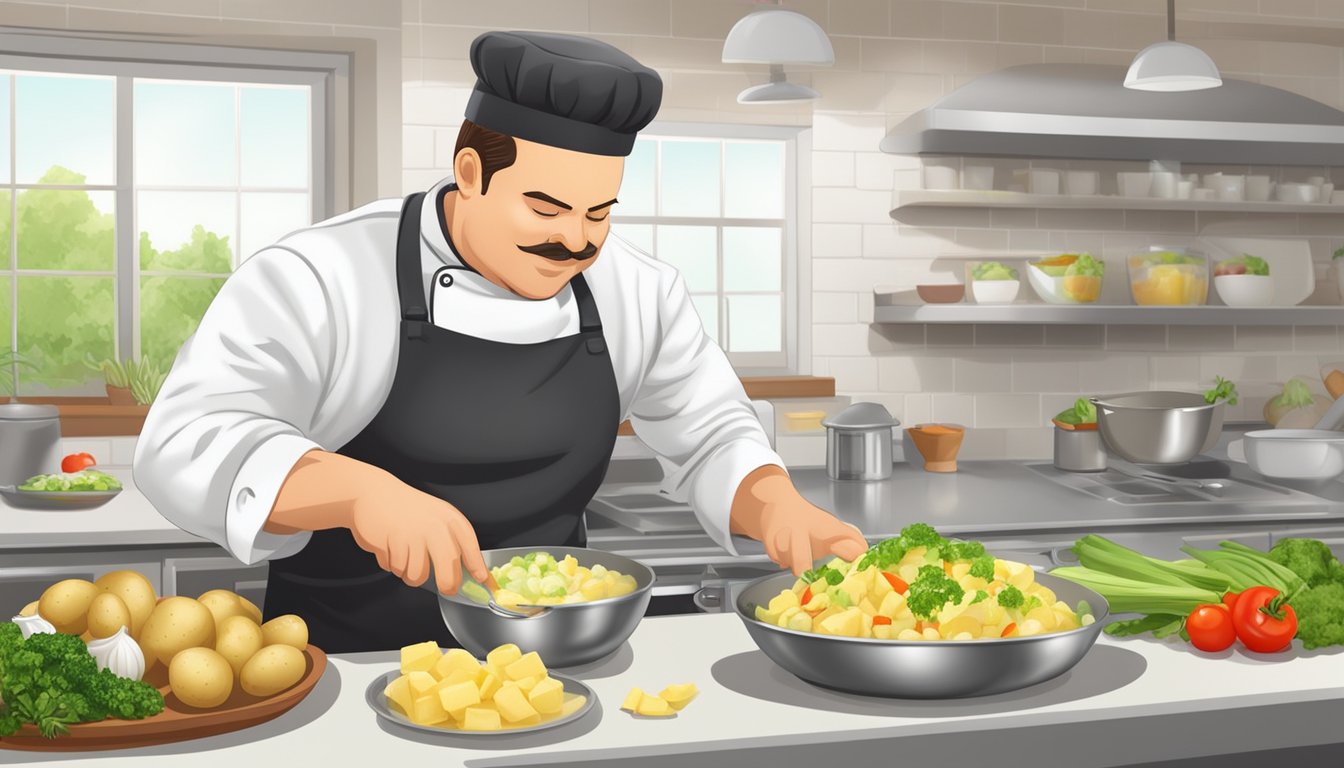 A chef mixes boiled potatoes, chopped vegetables, and dressing in a large bowl to prepare low-GI potato salad