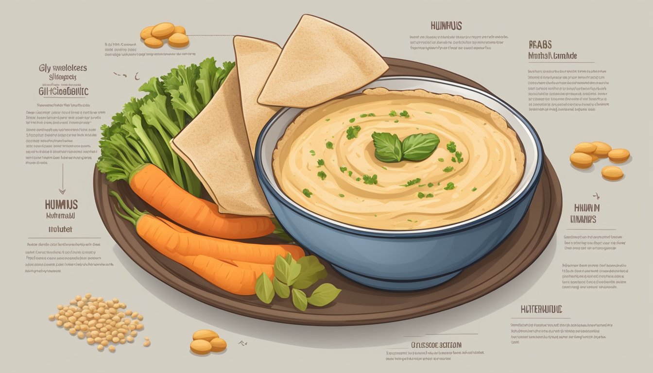 A bowl of hummus surrounded by fresh vegetables and whole grain pita bread, with a nutrition label showing low glycemic index