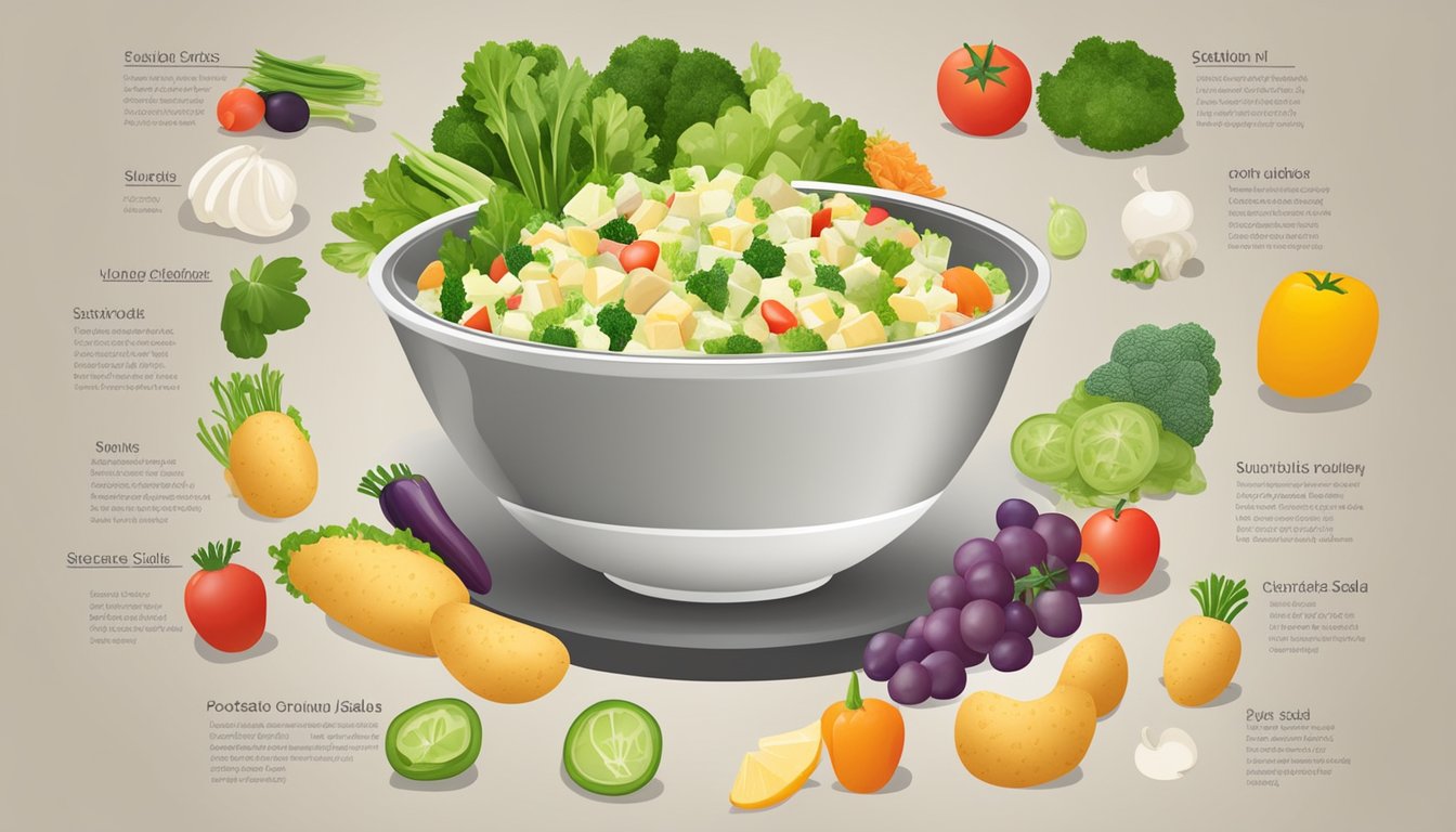 A bowl of potato salad surrounded by a variety of fresh vegetables and fruits, with a glycemic index chart in the background