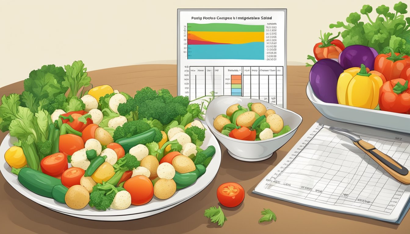 A colorful array of fresh vegetables and a bowl of potato salad, with a glycemic index chart in the background