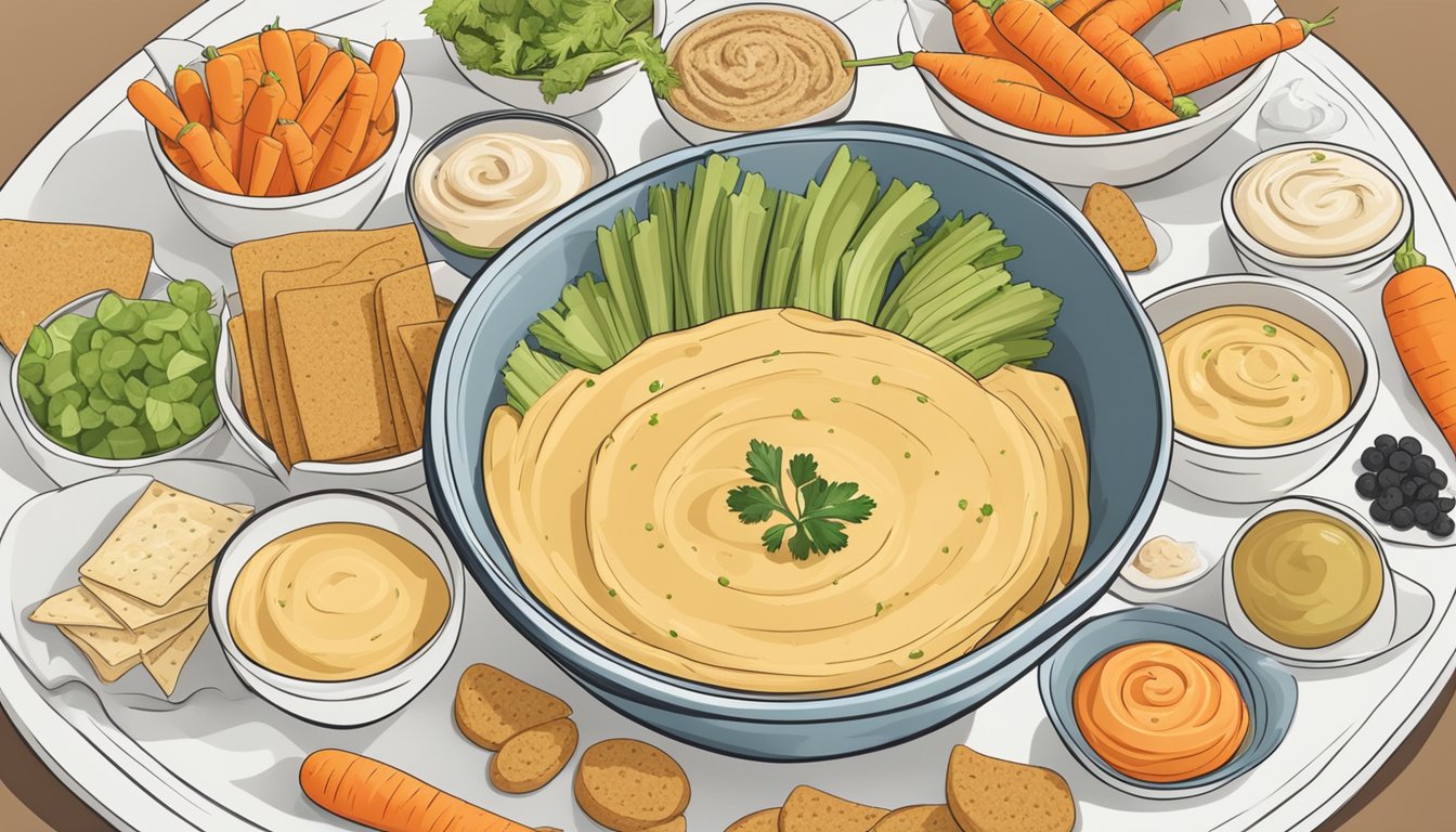 A bowl of hummus surrounded by various snacks like carrots, celery, and pita bread. A glycemic index chart is displayed in the background