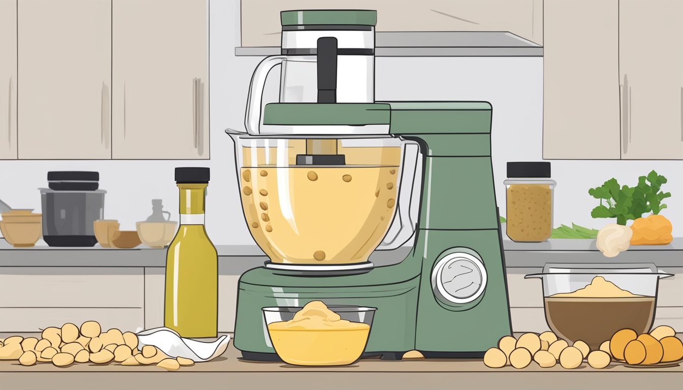 A person blending chickpeas, tahini, olive oil, and garlic in a food processor, creating homemade hummus