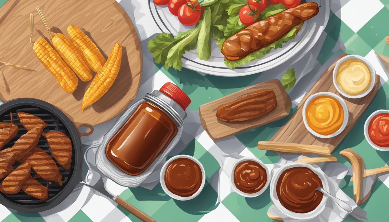 A barbecue sauce bottle next to a variety of grilled foods on a picnic table