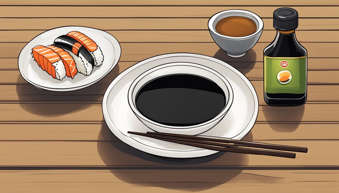 A small bowl of soy sauce next to a plate of sushi and a bottle of soy sauce on a wooden table