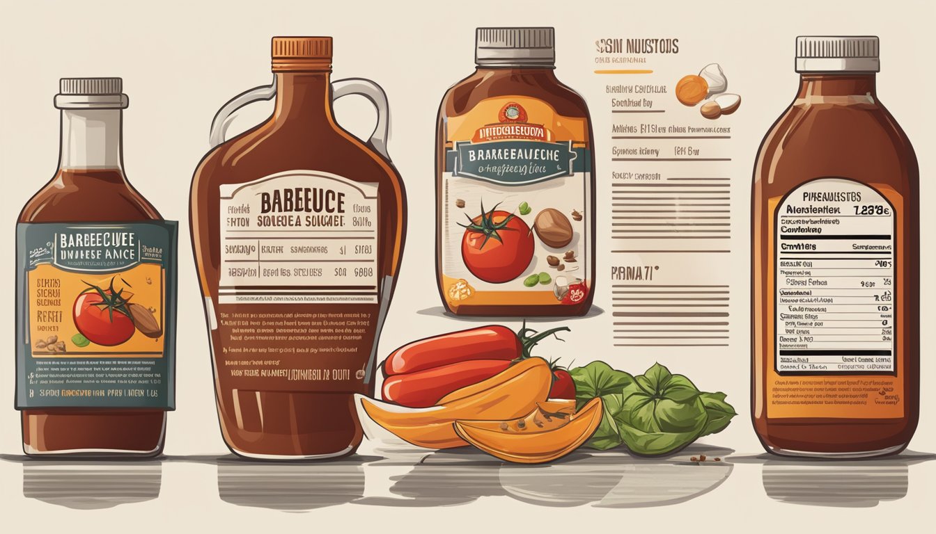 A bottle of barbecue sauce surrounded by various ingredients like tomatoes, vinegar, and spices. A nutrition label shows the glycemic index