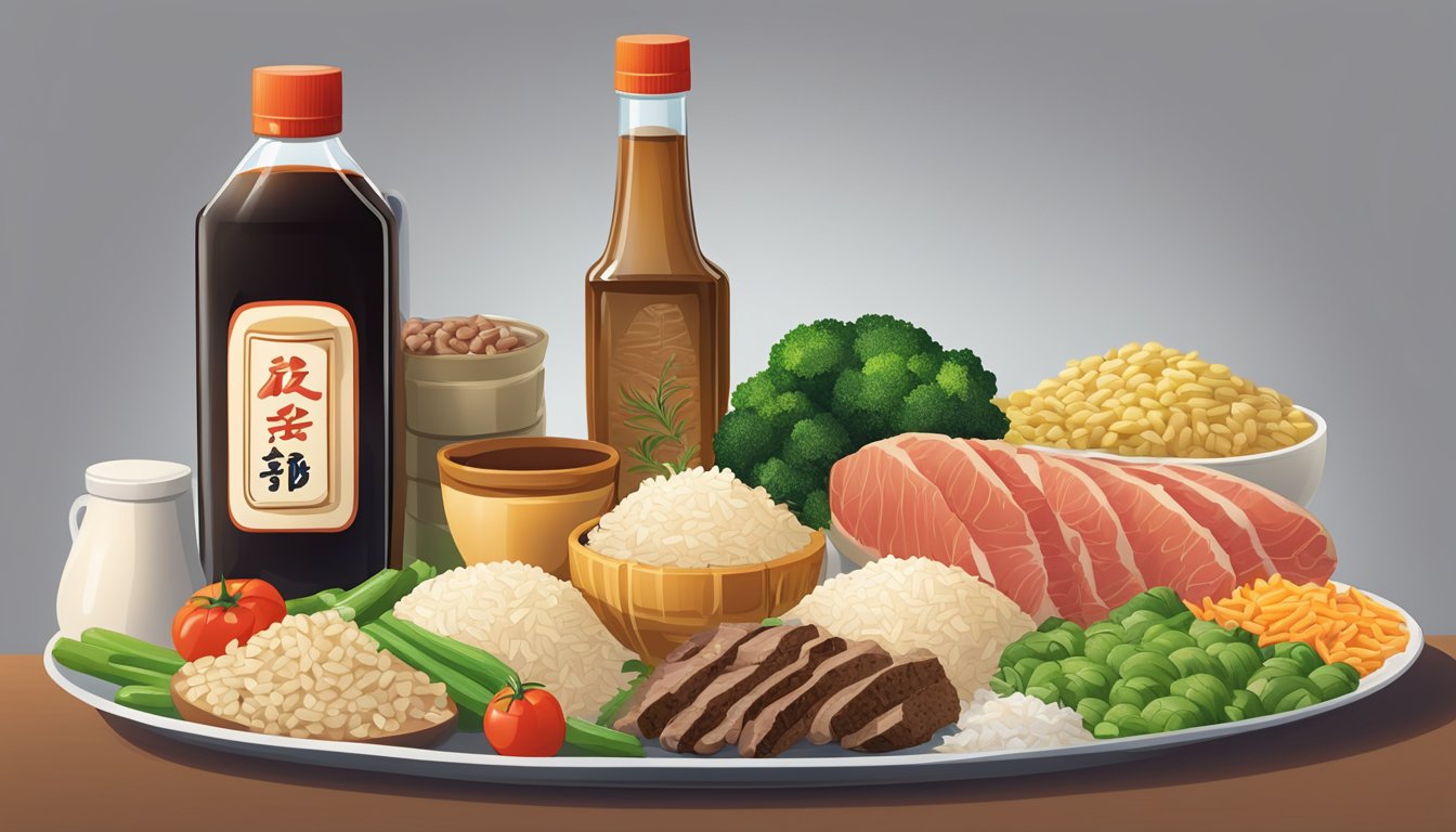 A bottle of soy sauce next to a variety of food items, including rice, vegetables, and meat, with a focus on the glycemic index