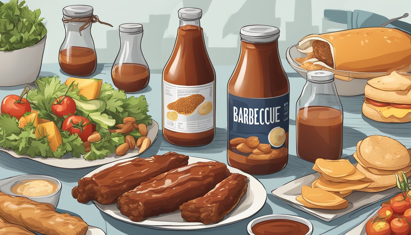 A bottle of barbecue sauce surrounded by various food items, with a glycemic index chart in the background