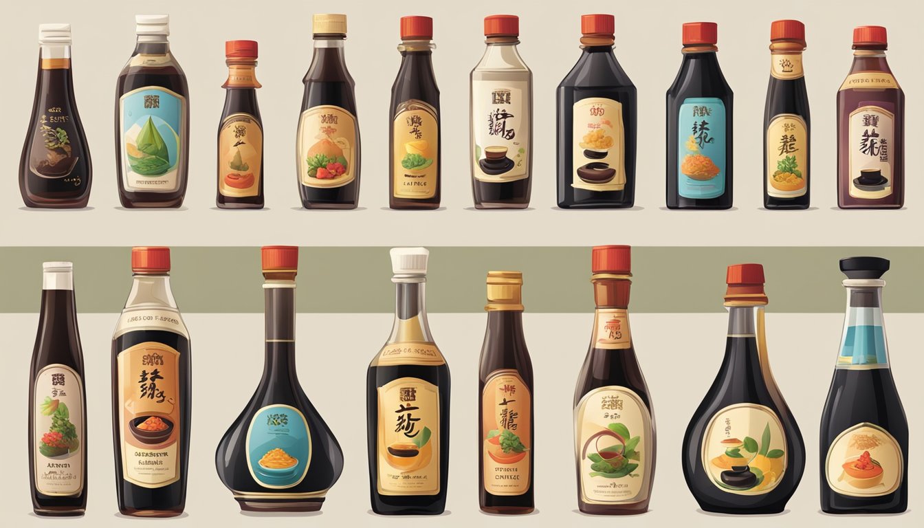 A collection of different soy sauce bottles with varying colors and labels, each representing different types and characteristics