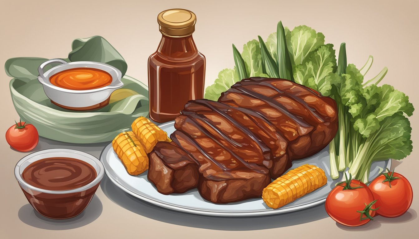 A bottle of barbecue sauce next to a plate of grilled meat and vegetables